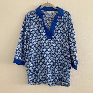 100% Linen Sigrid Olsen Blue Popover Top V Neck Breezy Art to Wear Womens Medium